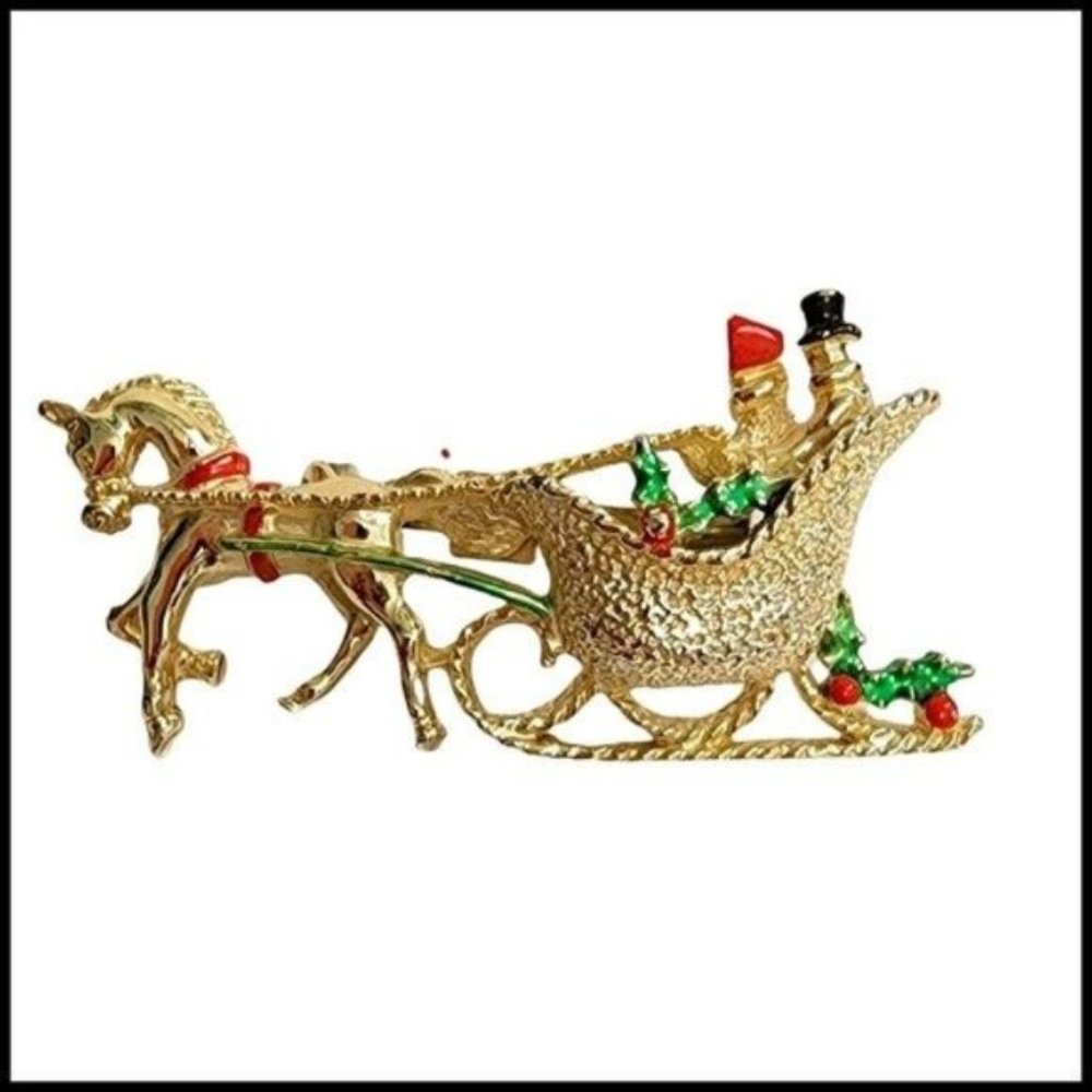 Vintage Gerry's Christmas One Horse Sleigh Brooch Pin Oh What Fun It Is to Ride